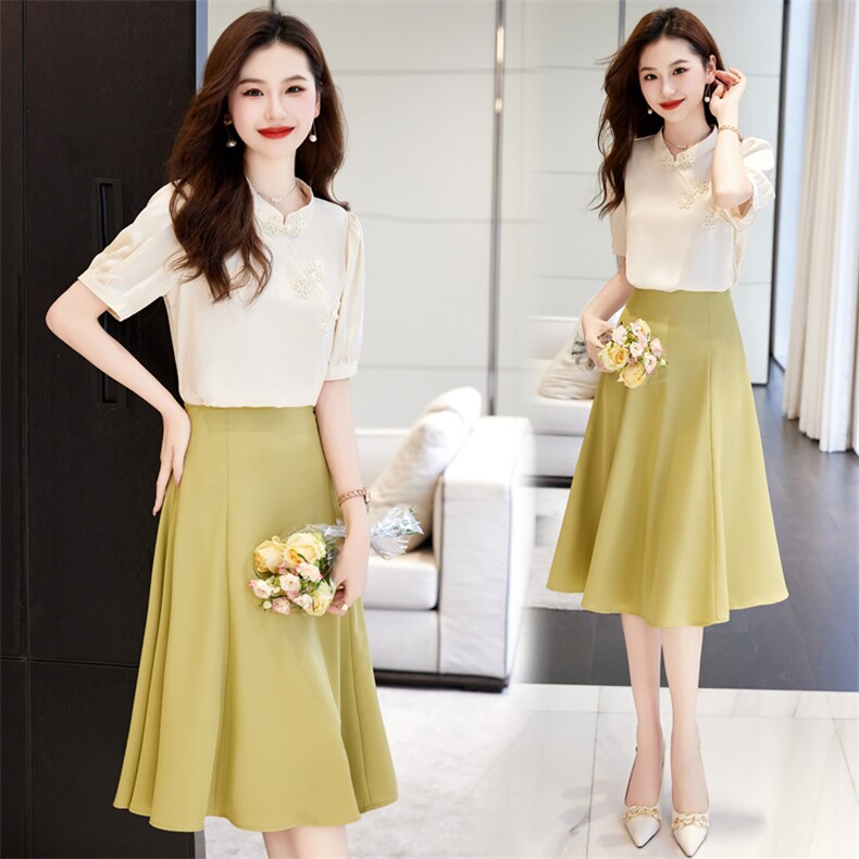 改良旗袍连衣裙女夏两件套新中式国风气质高端精致汉服半身裙套装，女装套装/套裙，时尚俏佳人