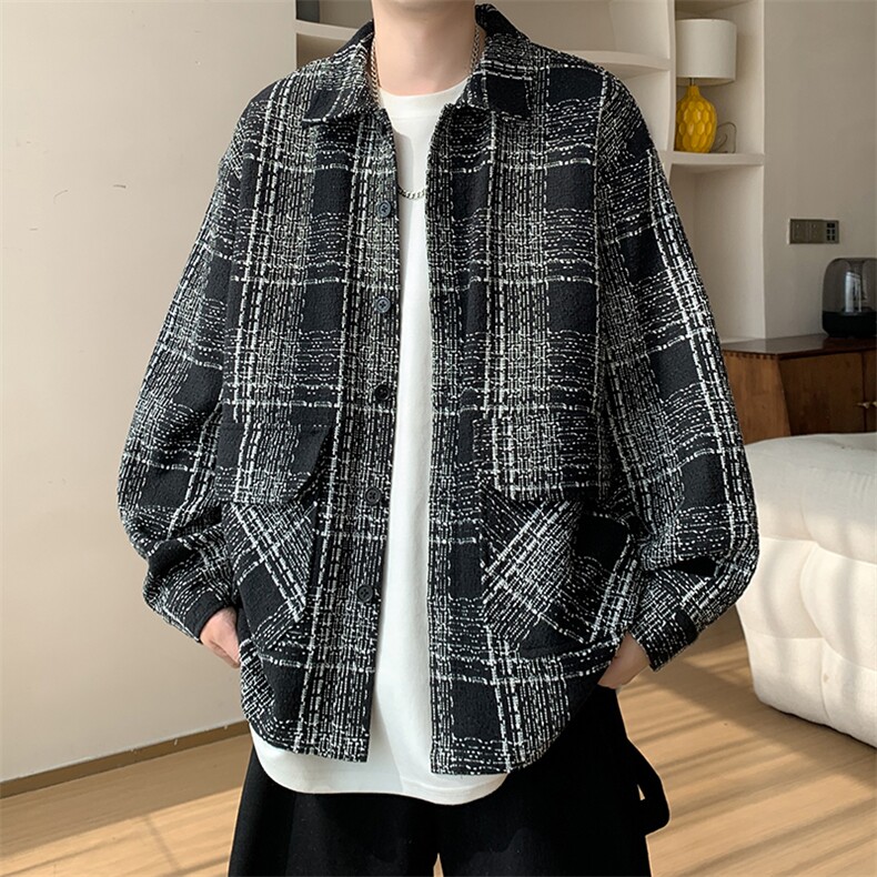 2025新款格子翻领开衫外套男小香风宽松夹克外套J5282-特P60控118,男装夹克,电商A001