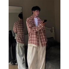 美式复古红色格子衬衫男款春秋潮牌条纹长袖衬衣外套CSK393，男装衬衫，星座516A