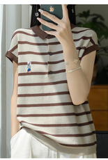 24夏季POLO领天丝拼色针织短袖女刺绣条纹半袖T恤宽松上衣打底衫，女装针织衫/毛衣，鄂维那特