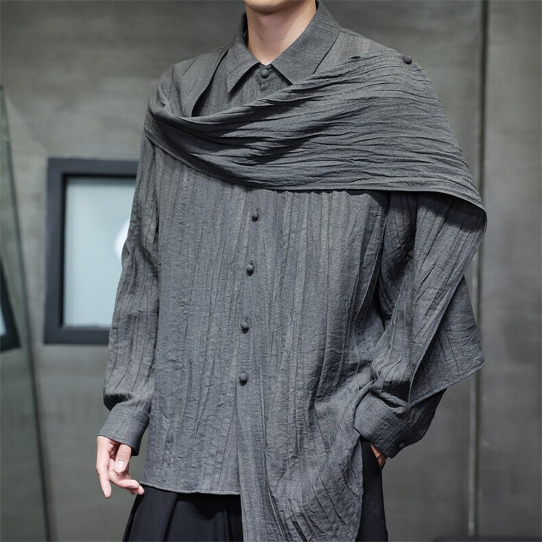 2025春季新款男装新中式拼接飘带棉麻衬衫三穿亚麻衬衣 C168-P85图片