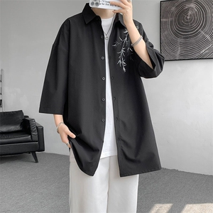 新中式风竹子短袖衬衫男夏季休闲唐装外套痞帅高级感衬衣服图片