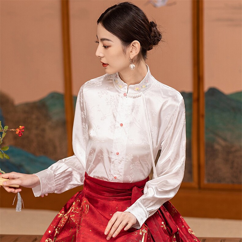 芷墨春季新款复古通勤百搭新中式衬衫简约纯色宽松立领衬衫上衣女,女装衬衫,芷墨服饰