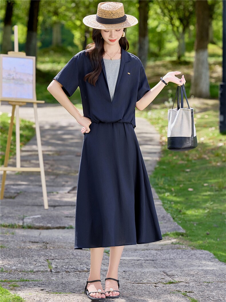 2026年夏季亚麻假两件套拼接短袖显瘦半身裙两件套,女装套装/套裙,简韵佳