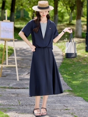 2026年夏季亚麻假两件套拼接短袖显瘦半身裙两件套，女装套装/套裙，简韵佳