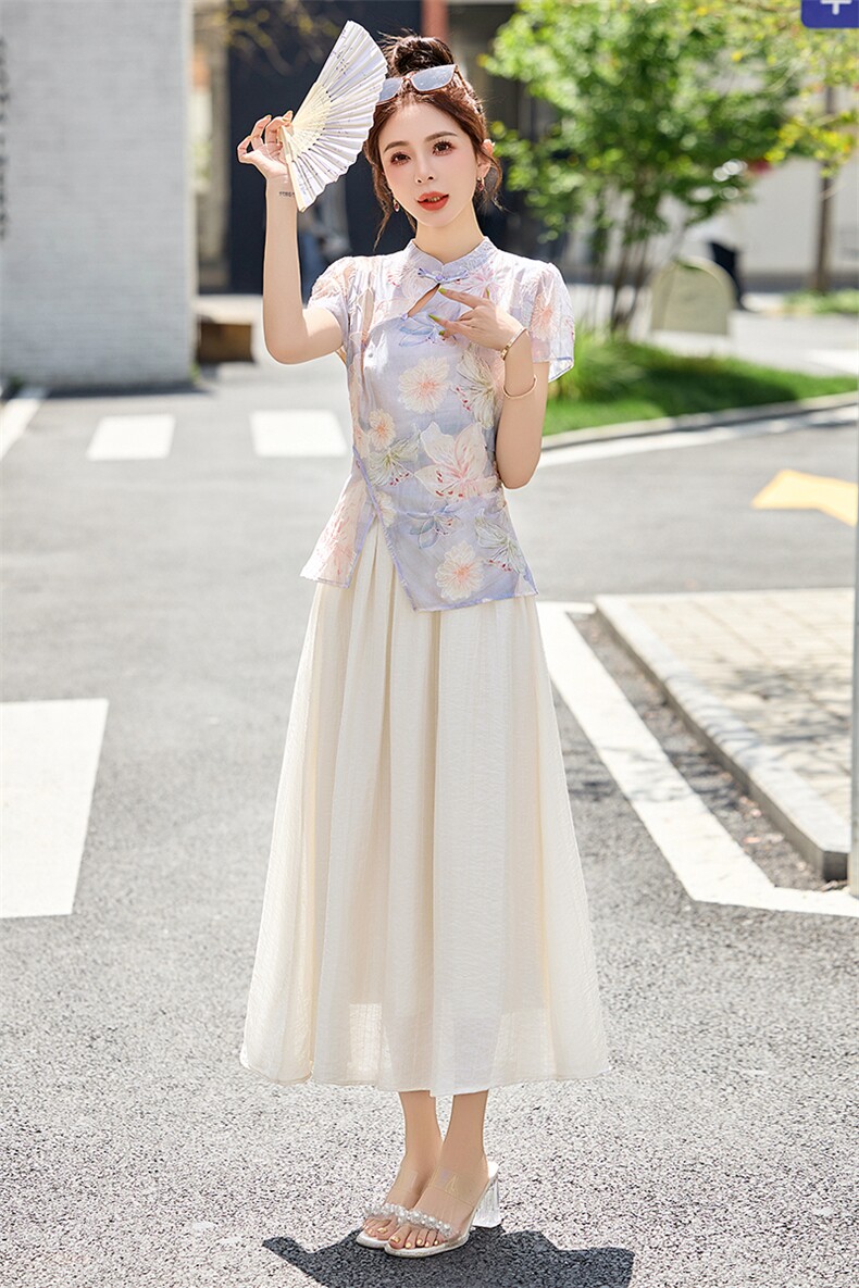 2025夏季新款新中式风禅意复古盘扣上衣碎花半身裙女,女装连衣裙,布芭啦