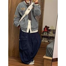 N2109-P75美式复古撞色拼接立领牛仔夹克潮牌高街嘻哈牛仔衣外套，男装工装外套，电商B323A
