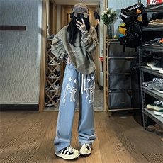 发泡印花牛仔裤男女港风潮牌宽松直筒阔腿裤高街痞帅裤NK806-P45，男装牛仔裤，星座1008-2