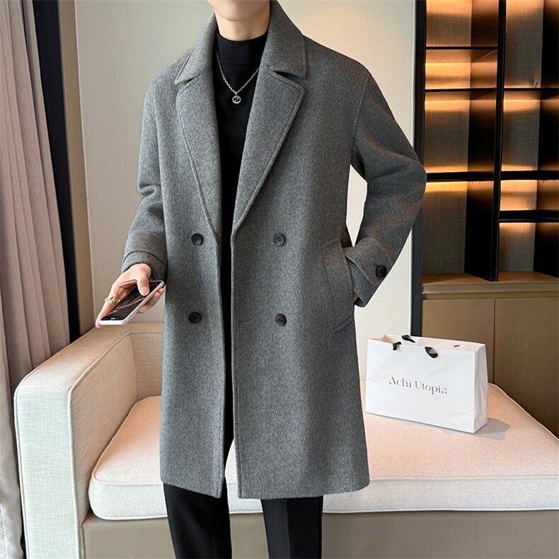 2025秋冬抖音老钱风男士宽松毛呢大衣翻领中长款风衣MY75-180，男装风衣，电商B278