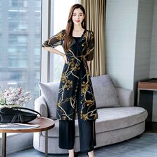 雪纺阔腿裤套装女2024夏季新款时尚洋气减龄显瘦碎花女人味三件套，女装套装/套裙，众宇琦