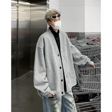 2026经典纯色刺绣肌理感开衫纽扣V领卫衣男女宽松情侣秋冬外套，女装短外套，星座715-4