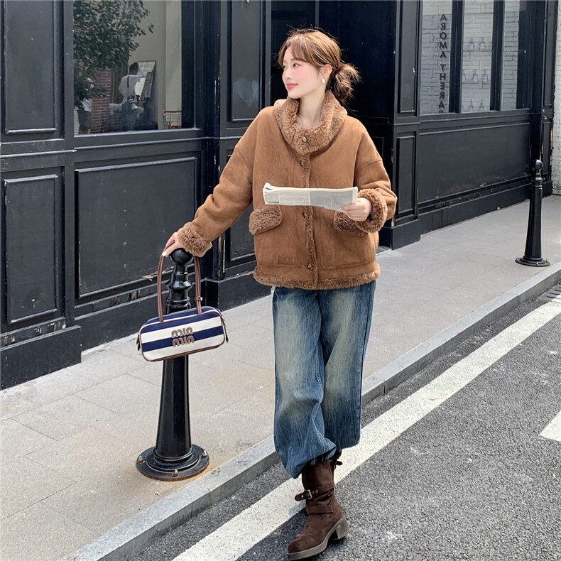 复古两面穿羊羔毛外套女2025冬季新款皮毛一体8060-P205-K295,女装羊羔毛/颗粒绒,浙宝115