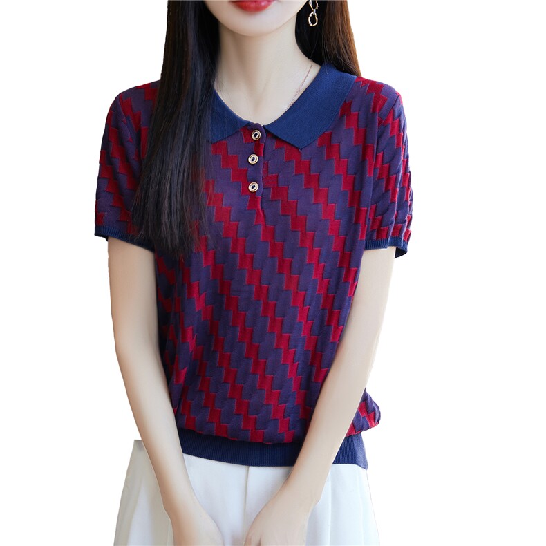 夏季莱赛尔天丝针织短袖T恤女翻领拼色纽扣提花上衣宽松半袖打底,针织衫/毛衣,唐诺