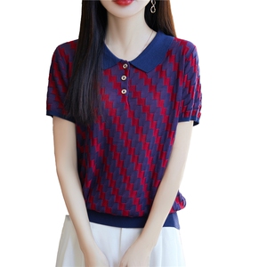夏季莱赛尔天丝针织短袖T恤女翻领拼色纽扣提花上衣宽松半袖打底图片