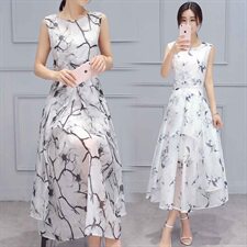 无袖花纹时尚圆领夏季中腰松紧腰雪纺大摆裙2024年夏季淑女，女装连衣裙，火爆靓佳人