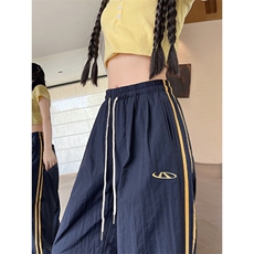 美式运动拼接条纹休闲裤女夏季松紧腰宽松束脚阔腿裤子K802p38，男装休闲裤，电商D315A