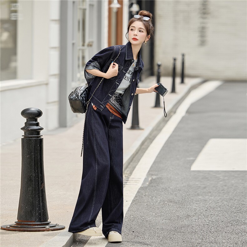 牛仔套装女2025秋新款高级感巨好看的超火休闲松弛感阔腿裤两件套,女装套装/套裙,浪花E族（衣布洛）