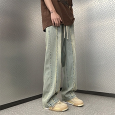 高街vibe复古毛边牛仔裤男美式潮牌直筒oversize阔腿裤K7499-P42，男装牛仔裤，星座512-3