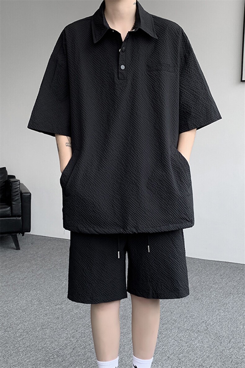 胖胖哥港风潮牌肌理感休闲polo衫时尚套装男夏季大码宽松百搭短裤,男装Polo衫,电商B312