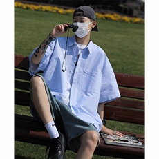 夏季学院风痞帅休闲衬衣cityboy蓝色条纹短袖衬衫男，男装衬衫，星座512-6