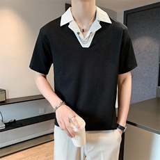 撞色翻领短袖T恤男夏季黑色五分袖休闲POLO衫宽松上衣T388配链条，男装T恤，星座1116A-2（原606A-1）