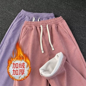 加绒加厚灯芯绒阔腿裤女秋冬新款垂感宽松运动休闲直筒裤束脚卫裤图片