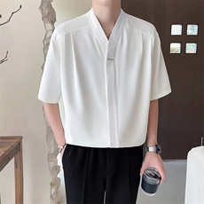 轻熟风~2025夏季新中式圆领中袖冰丝衬衫C298/P50，男装衬衫，电商B331
