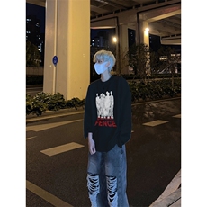 美式复古人潮汹涌网红印花长袖T恤小领口打底衫，男装T恤，星座310A-4