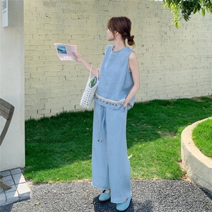 氛围感减龄蓝色休闲裤套装女夏2025新款两件套韩系穿搭爆款巨好看图片