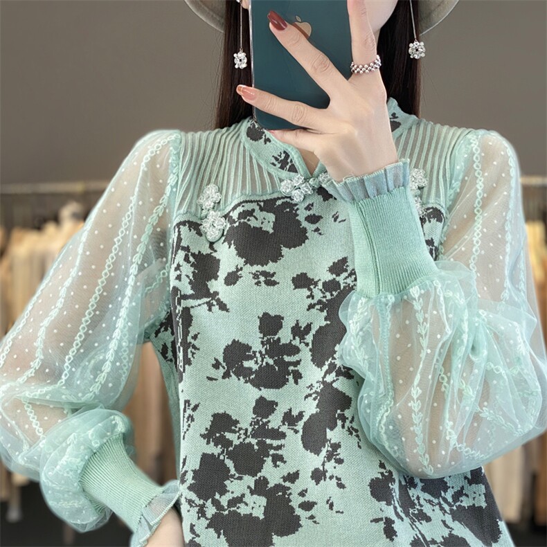 时尚优雅女士羊毛衫精致蕾丝拼接舒适保暖修身显瘦,女装羊毛衫,宛庄羊绒