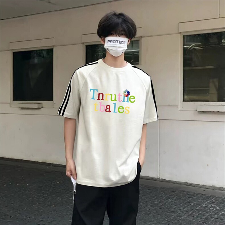 抖音得物高品质二开240克宽松纯棉美式潮牌三条杠织带短袖T恤,男装T恤,电商A486-1