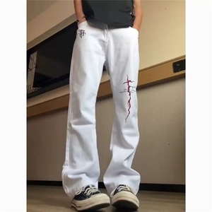 闪电纹牛仔裤男秋季渐变复古蓝微喇裤春秋款美式高街宽松直筒裤子图片