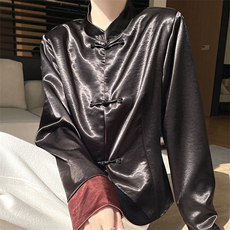 2025春季新款中式国风立领唐装休闲外套女洋气盘扣时尚缎面上衣新，女装短外套，圣丽羊绒