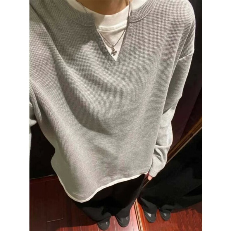 假两件V领卫衣男款美式复古重磅潮牌长袖T恤冬WLT3048-P32加绒42,男装T恤,星座1008