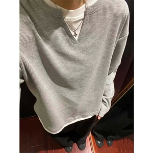 假两件V领卫衣男款美式复古重磅潮牌长袖T恤冬WLT3048-P32加绒42,女生老花v领线衫穿搭图片
