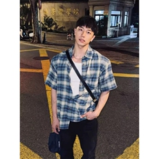 美式复古蓝色慵懒格子情侣衬衫男女夏季短袖宽松休闲外套CSD01，男装T恤，星座1116A（原606A-3）