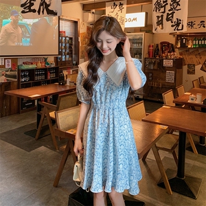 小个子碎花连衣裙中长款法式赫本风雪纺大翻领仙女裙图片