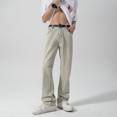 美式黄泥牛仔裤高街复古直筒裤潮牌字母休闲牛仔裤KA907-P50，男装牛仔裤，星座1109-3
