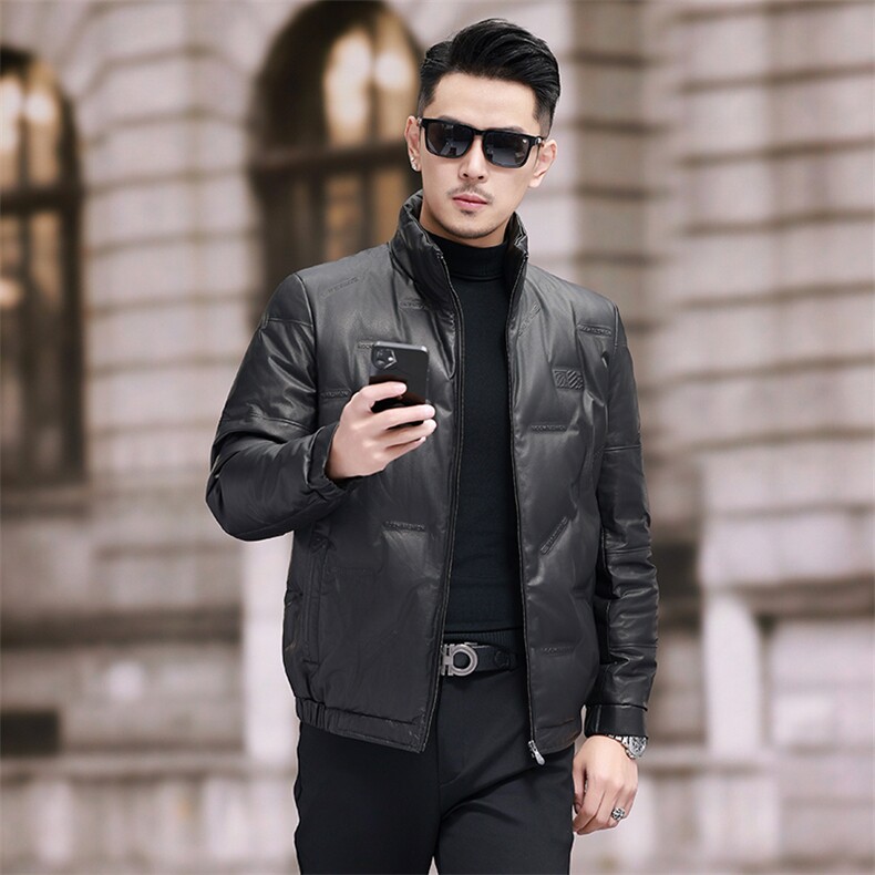 冬季新款海宁男士真皮羽绒服绵羊皮夹克短款皮外套简约立领皮衣，男装夹克，电商B360
