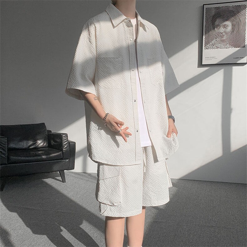 已下单TZ771-特批52控88新款速干肌理感短袖衬衫短裤T恤大码套装，男装休闲套装，电商A059