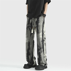 新中式国风水墨画裤子男夏季潮牌冰丝速干宽松垂坠感阔腿休闲长裤，男装西裤，星座504