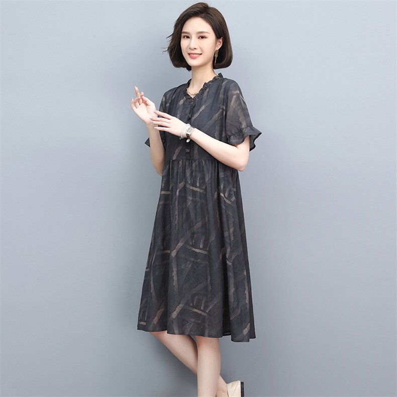 雪纺连衣裙女夏2024新款中年妈妈宽松显瘦大码中长款休闲a字裙子,女装连衣裙,忆绮罗