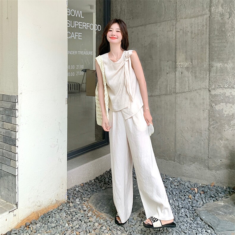 韩系蝴蝶结绑带背心女夏季新款高级感无袖上衣高腰阔腿长裤两件套图片