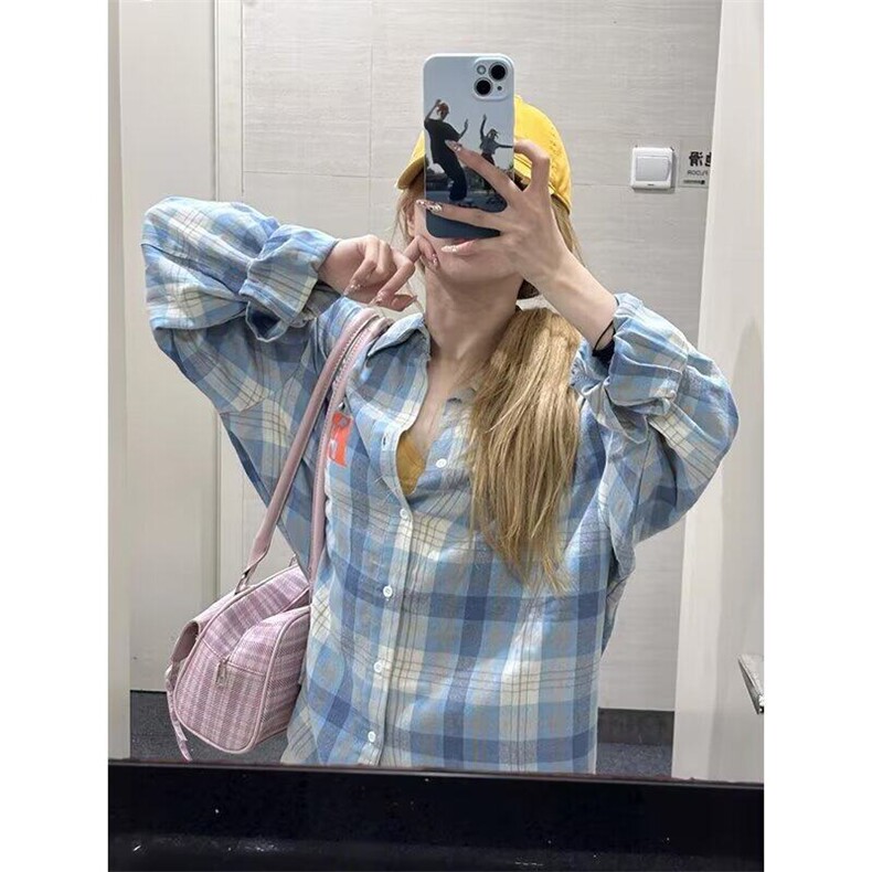 春秋季美式复古撞色格子防晒衬衫男女长袖宽松薄款衬衣慵懒风外套图片