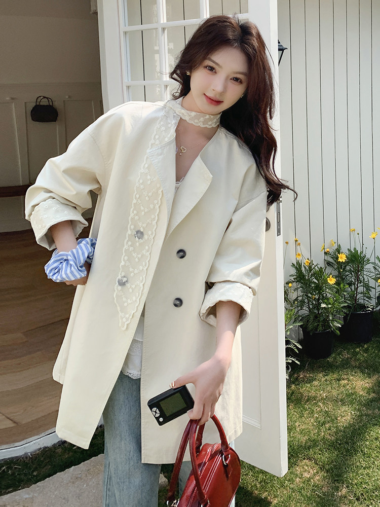 法式蕾丝拼接风衣外套女韩版宽松2025年春季新款中长款大衣,女装西装,牡丹诺
