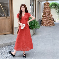 休闲日系氛围感蕾丝拼接连衣裙女2025夏季复古优雅文艺风百搭长裙，女装连衣裙，2C009