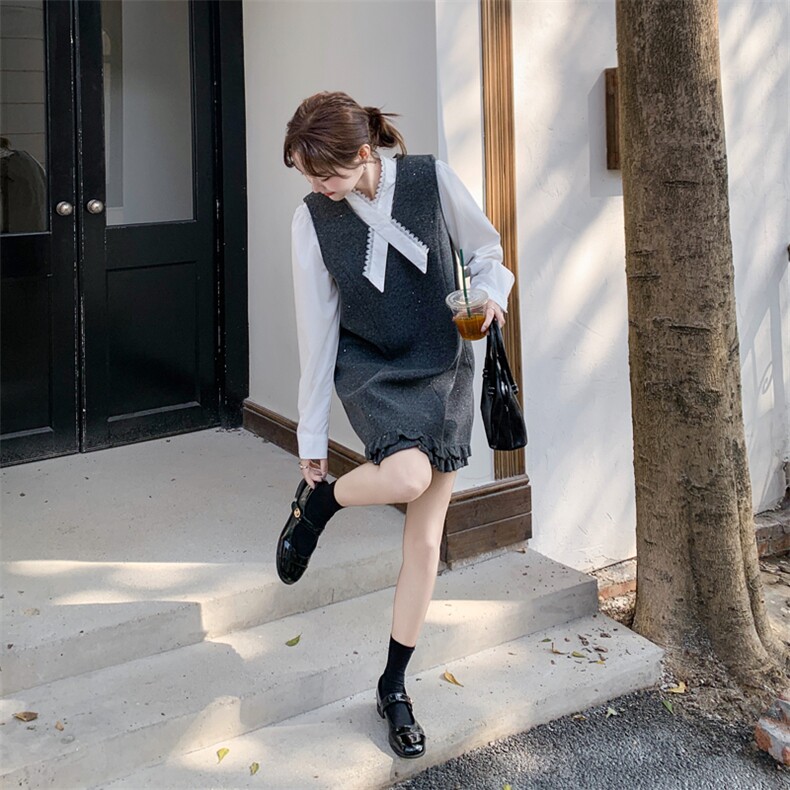 高级通勤风穿搭灰色背心连衣裙女春秋独特漂亮气质衬衫中长裙套装,女装套装/套裙,多米2-075