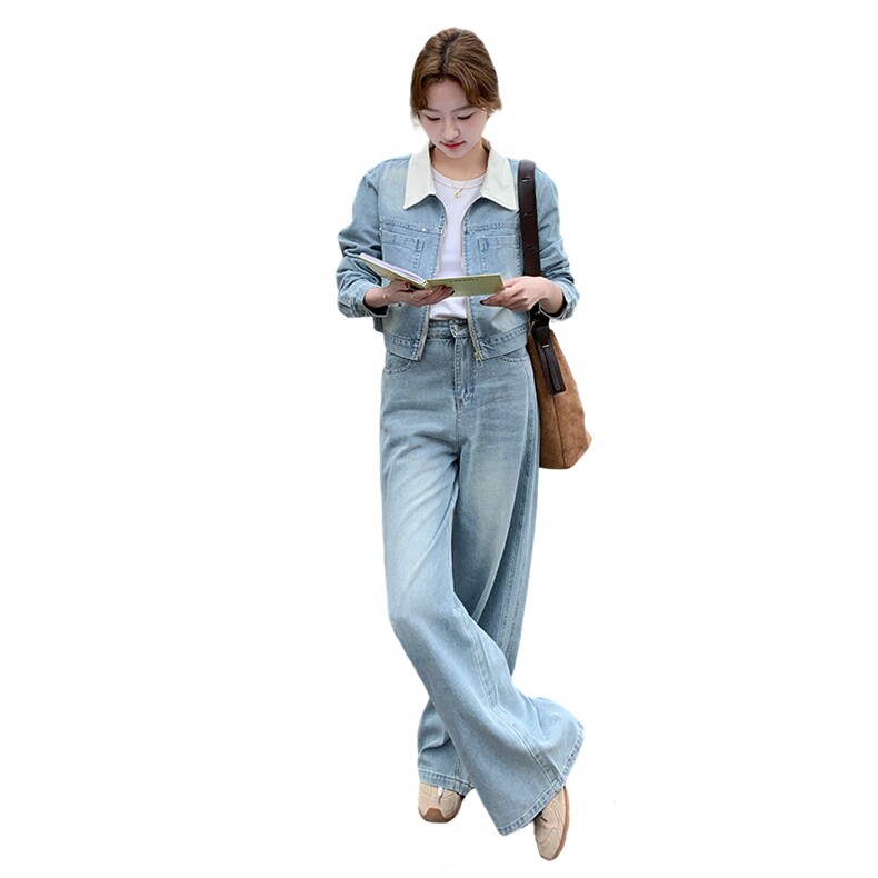 港味复古休闲套装女春秋2026新款超好看牛仔外套阔腿裤两件套,女装套装/套裙,2C218