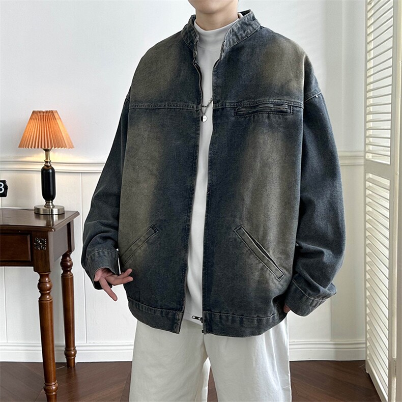 美式复古vibe牛仔外套秋季潮牌宽松水洗做旧上衣痞帅立领夹克男款,男装夹克,星座410-7