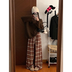 AK2426-p45慵懒风复古格子休闲裤女秋季阔腿裤宽松拖地裤子，女装休闲裤，星座617A-2